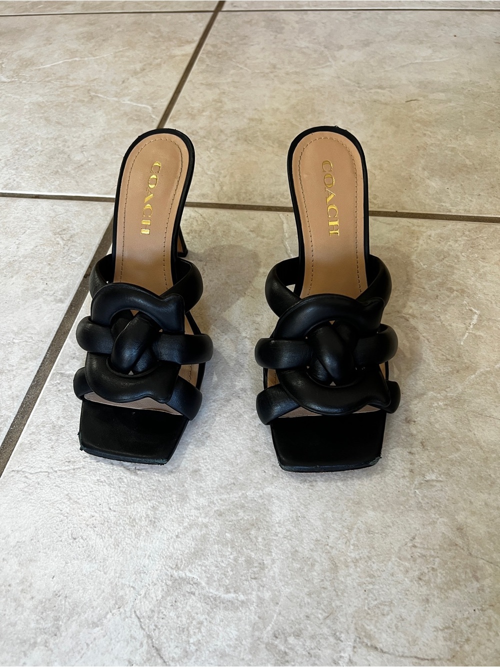 Coach Black Knotted Leather Slide Mules
